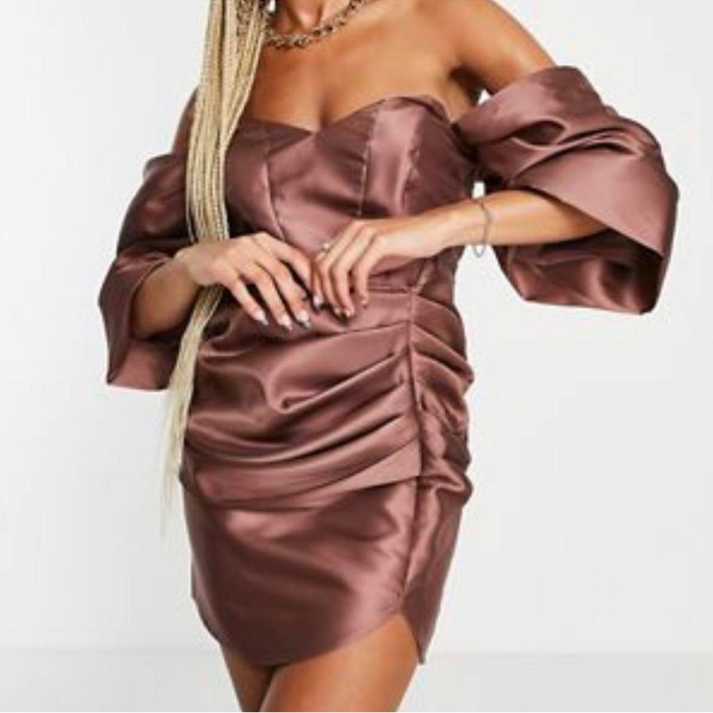 ASOS Luxe Bronze Satin Drape Structured Puff Off Shoulder Sleeve Mini Dress